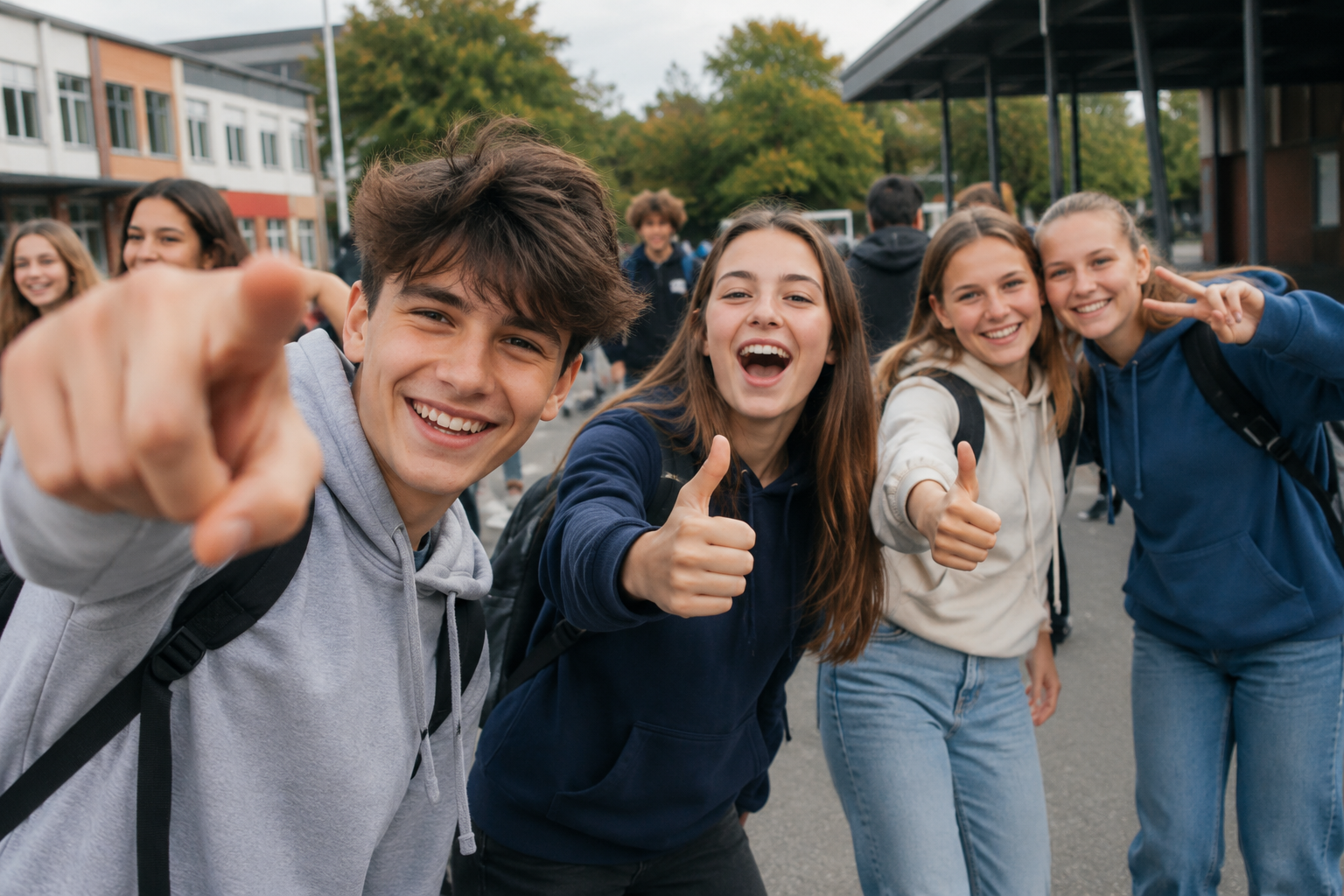 Mitglieder und Fans in Hoodies auf dem Vereinsgelände