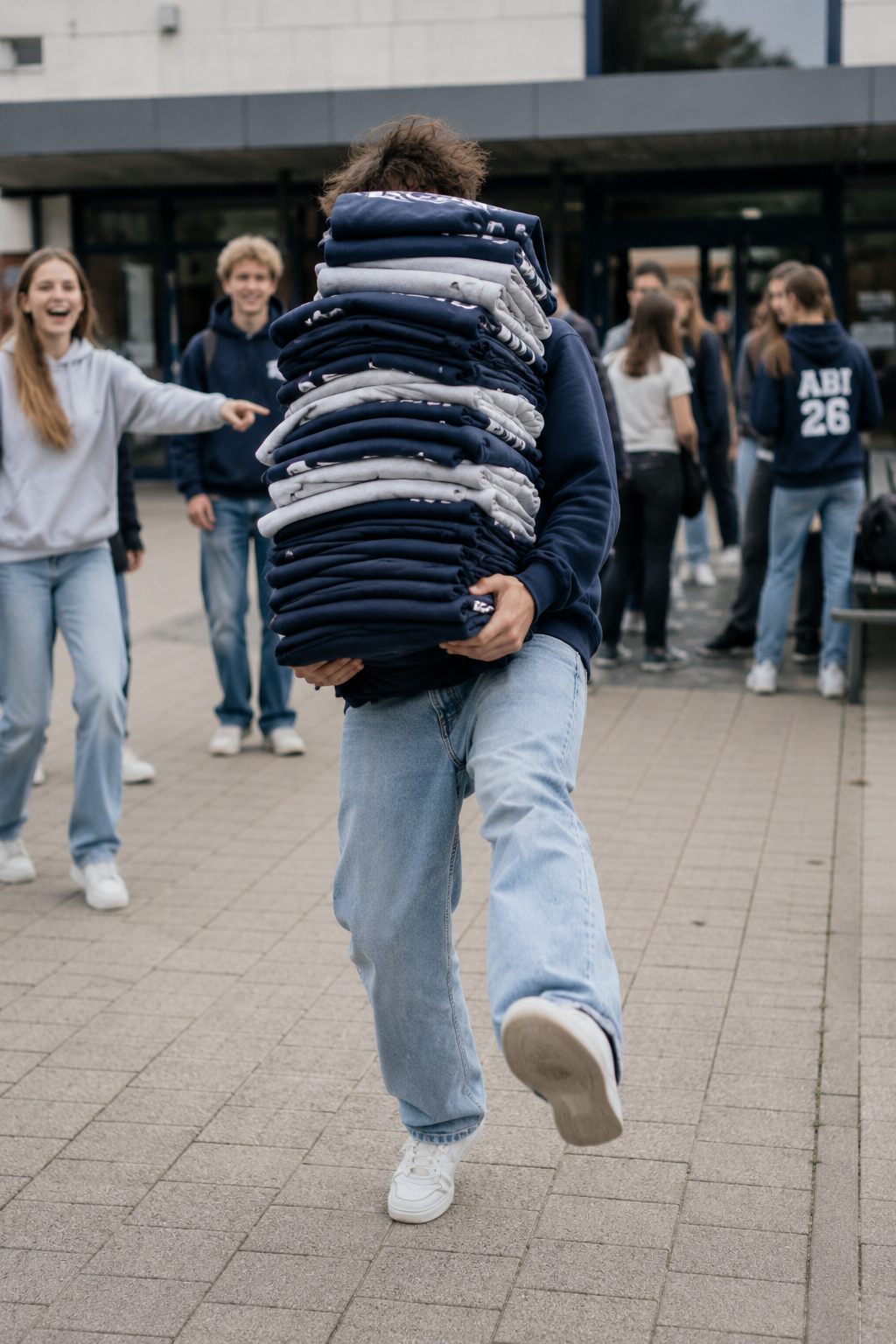 Mitglieder traegt einen Stapel Hoodies auf dem Vereinsgelände